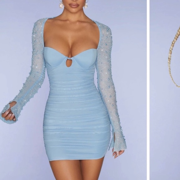 NWT Oh Polly St. Germain Embellished Long Sleeve Mini Dress in Blue - Picture 1 of 11